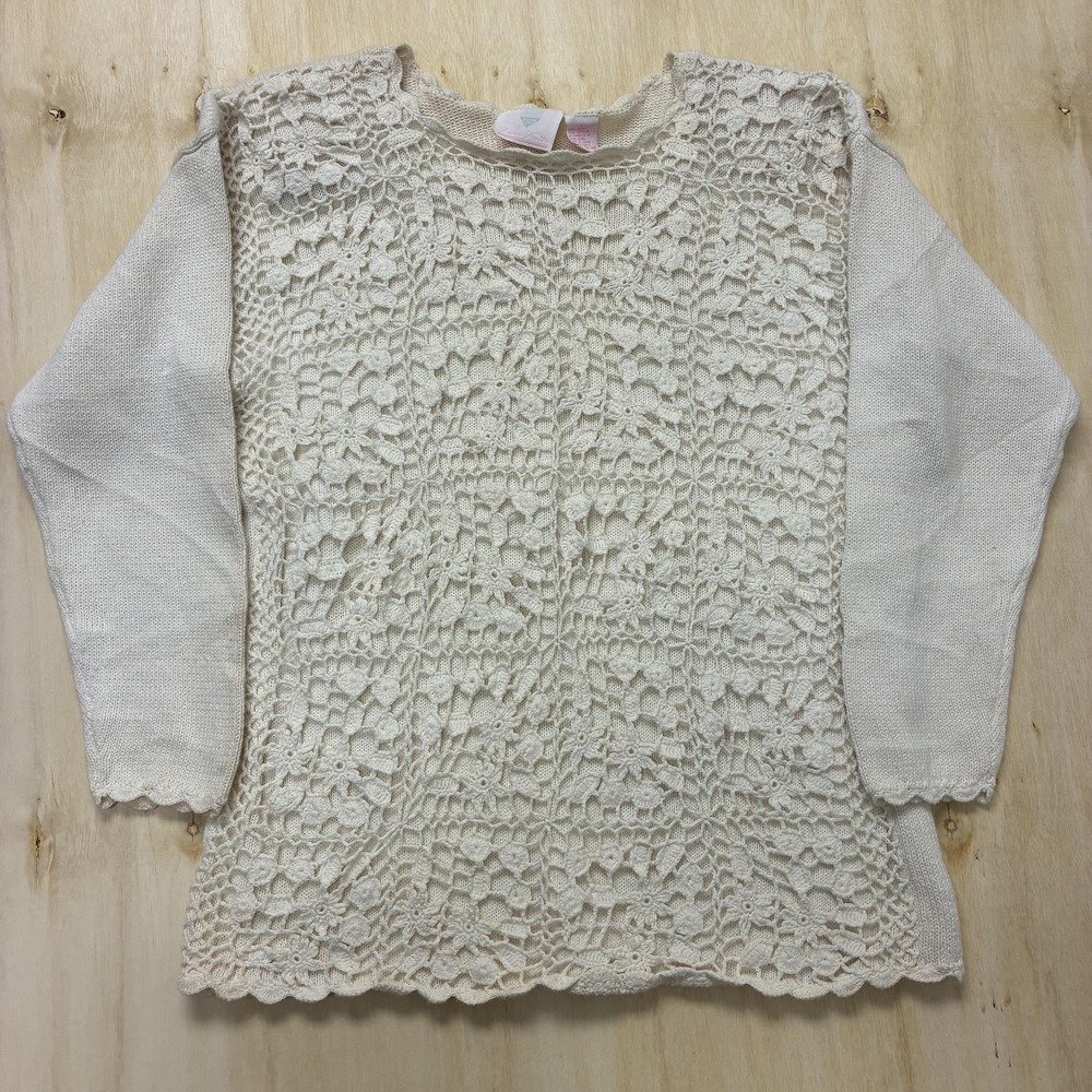 Vintage Dana Scott Sweater Womens Large White Knit Floral Crochet‎ Lace Pullover